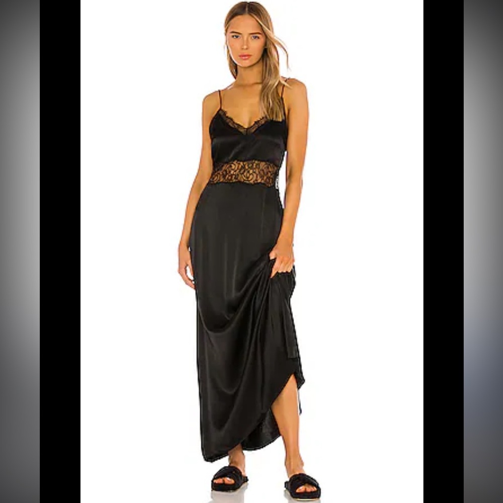 NBD Slip Dress Womens Medium Black Lace Trim Maxi Satin Revolve Whimsygoth